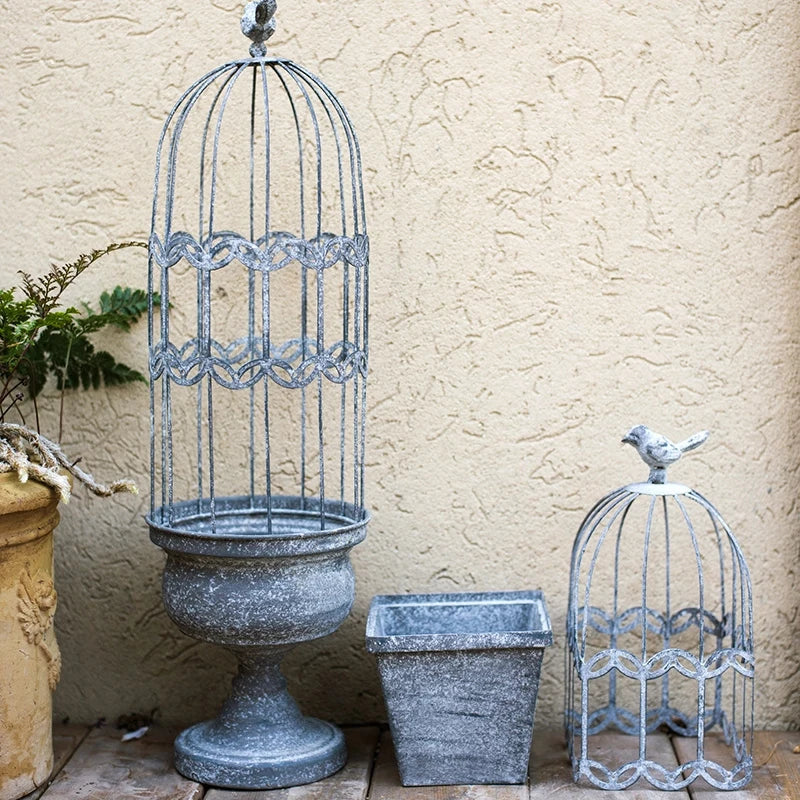 Cage oiseaux vintage métal gris filetage rustique plante oiseau décorative patio rural