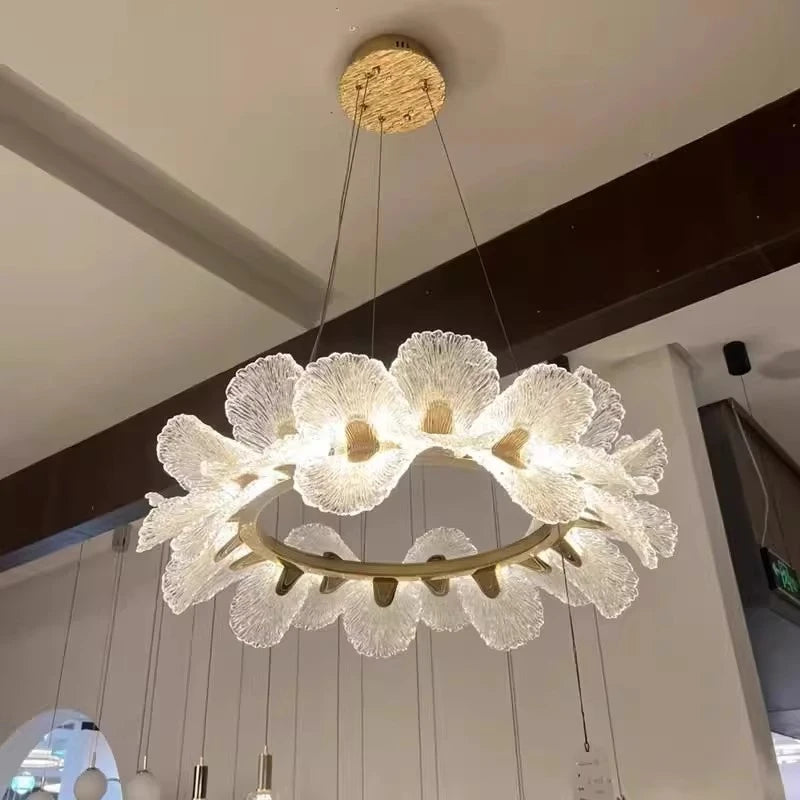 Suspension lumineuse moderne florale blanc doré LED câbles métalliques transparentes chambre salon