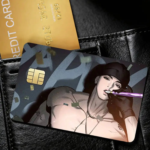 autocollant dessin animé carte bancaire personnalisée illustration individus poses noir blanc gris bleu doré