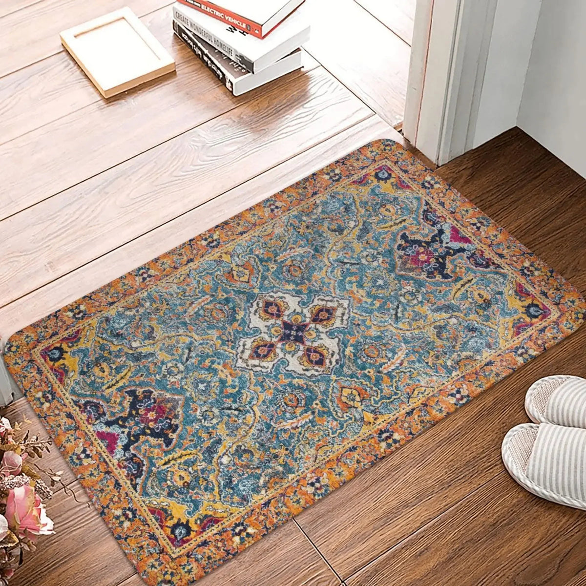 tapis ethnique traditionnel rouge bleu beige antidérapant intérieur extérieur doux porte sol cuisine