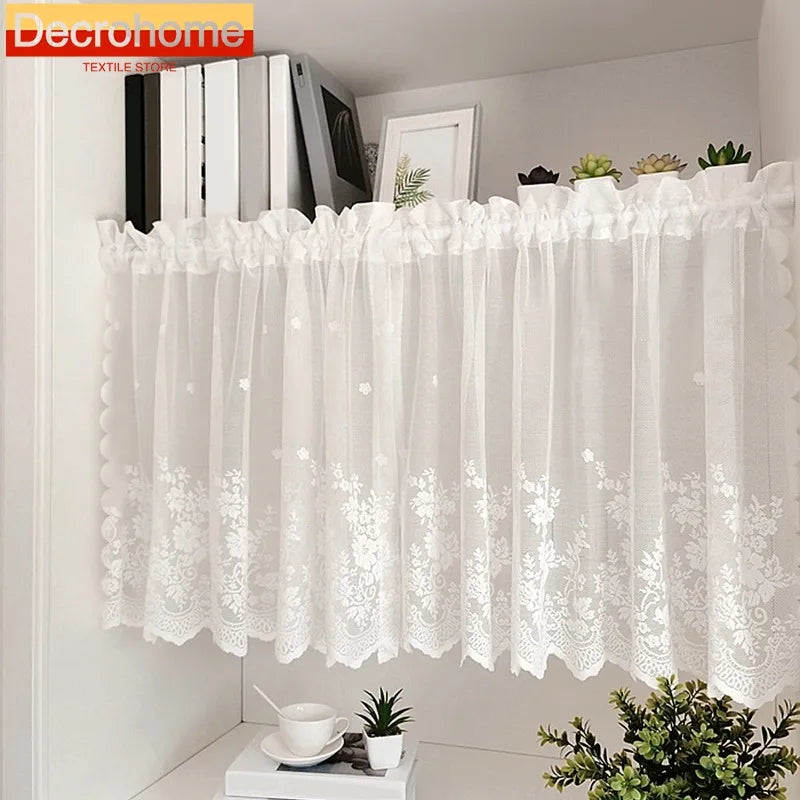 rideau blanc broderie florale transparent classique salon 100x45cm 1pc