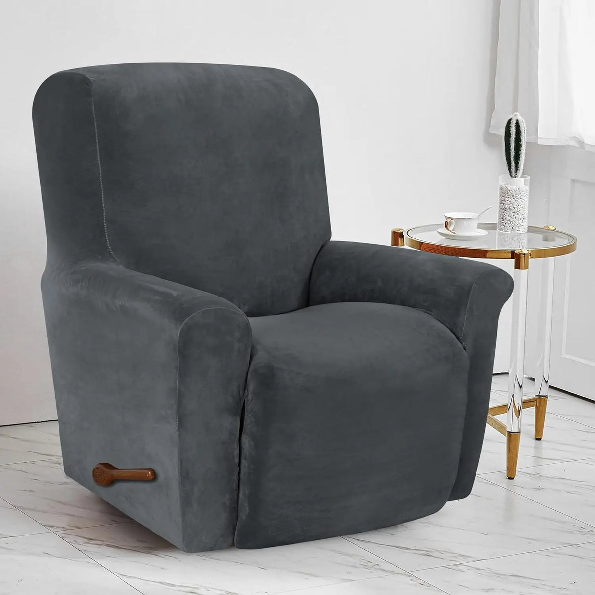 Housse fauteuil inclinable bleu noir gris jacinquée extensible moderne poche adhésif lavage machine