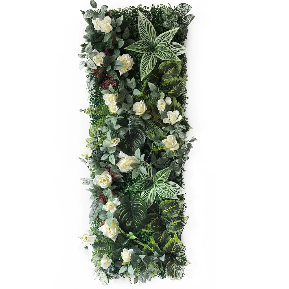 panneau végétal artificiel fleurs roses feuilles vertes décoration murale jardin mariage extérieur intérieur moderne