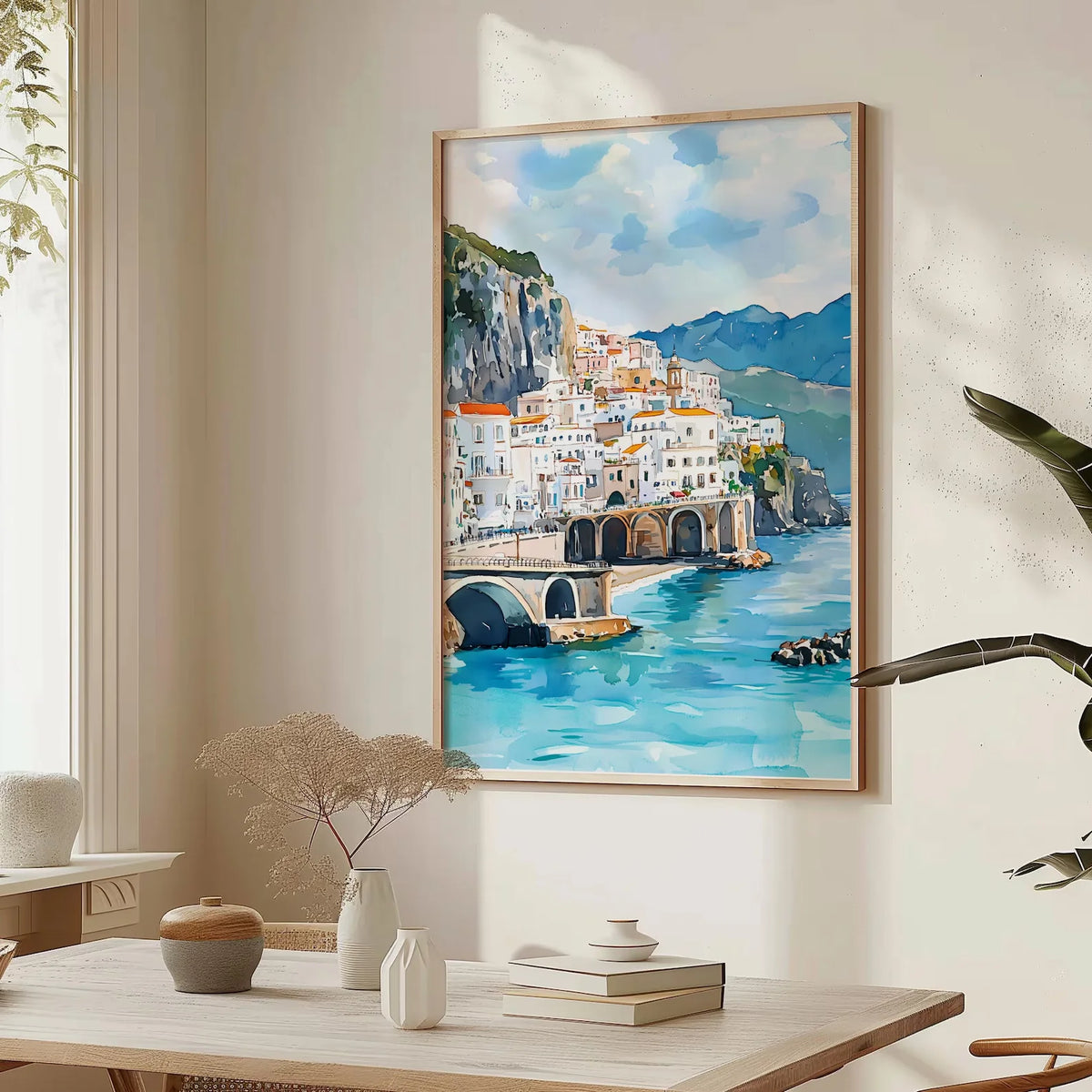 tableau paysage urbain amalfi coast italien bleu blanc vert beige montagnes rivière pont peinture