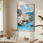 tableau paysage urbain amalfi coast italien bleu blanc vert beige montagnes rivière pont peinture