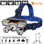 lampe frontale led rechargeable usb noir orange rayures ceinture ajustable interrupteur multifonction moderne pratique