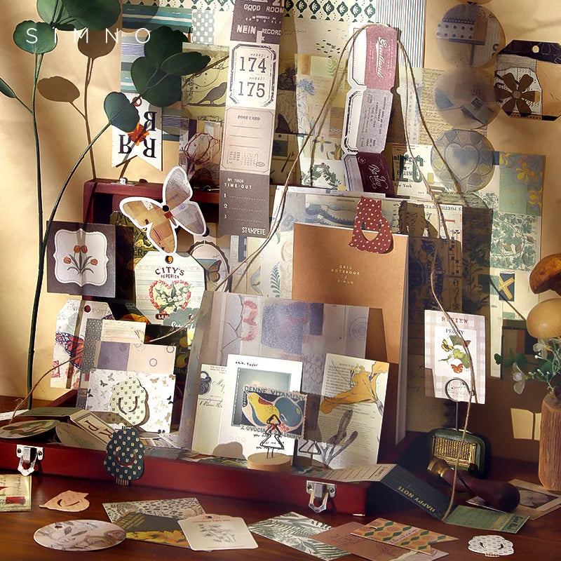 autocollants vintage scrapbooking papier décoratif motifs floraux géométriques textes imprimés opaques marron vert bleu