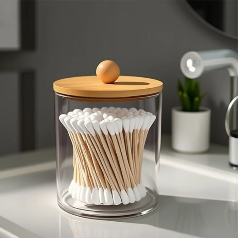 boîte rangement transparente bois coton tiges couvercle bambou moderne minimaliste anti poussière cosmétiques salle