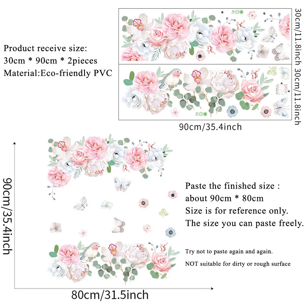 sticker mural floral romantique fleurs roses blanches feuilles vertes papillons oiseau aquarelle chambre décoration