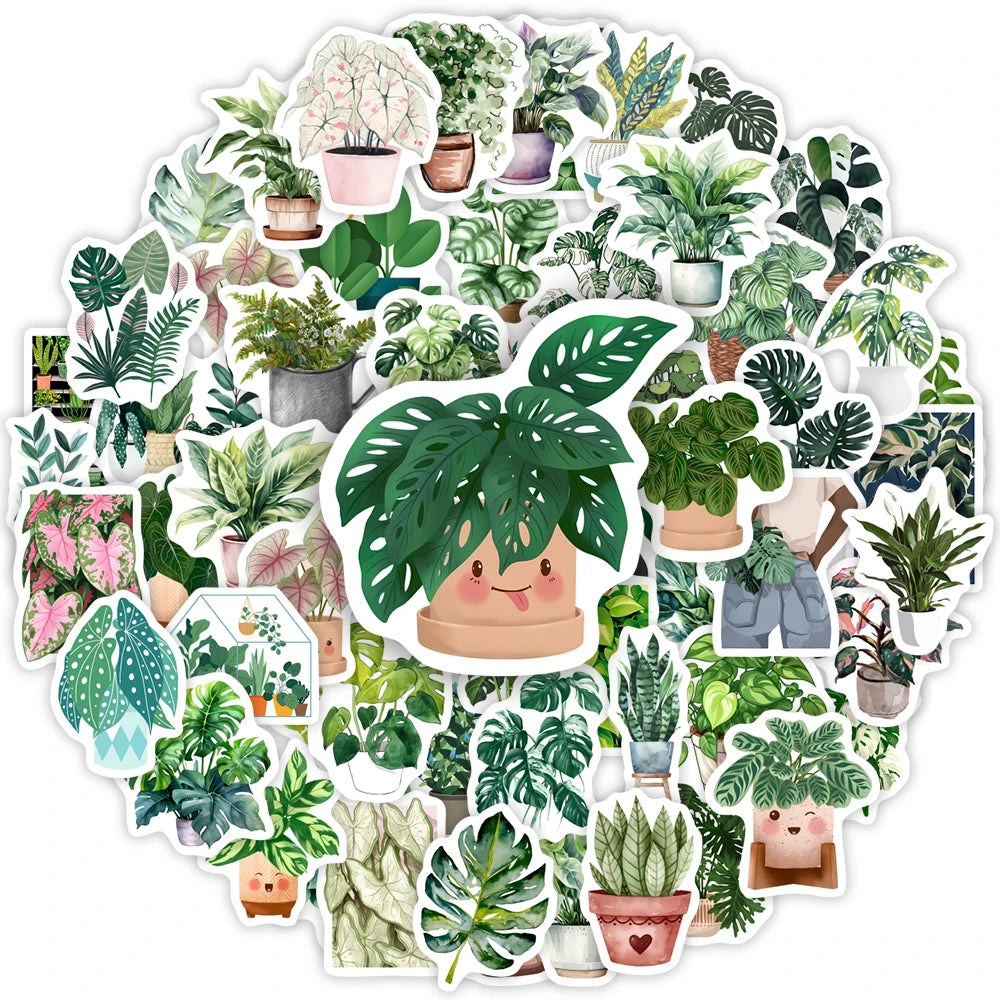 stickers plantes feuilles pots adhésifs illustration cartoon mignon DIY scrapbook décoration téléphone bagages portable