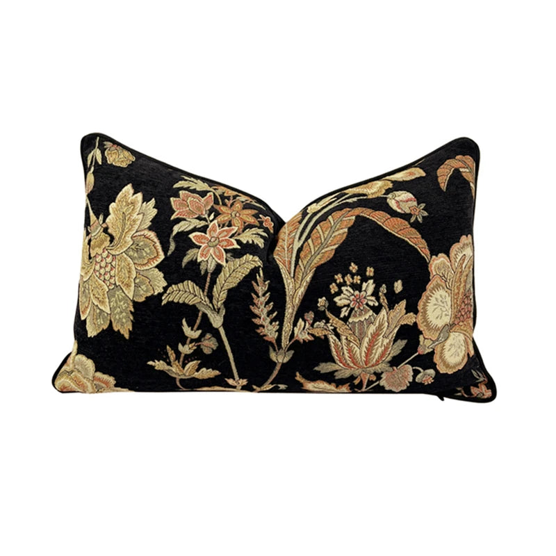 coussin noir floral vintage jacquard chenille lit salon décoration adhésif fermeture glissière 30x50cm
