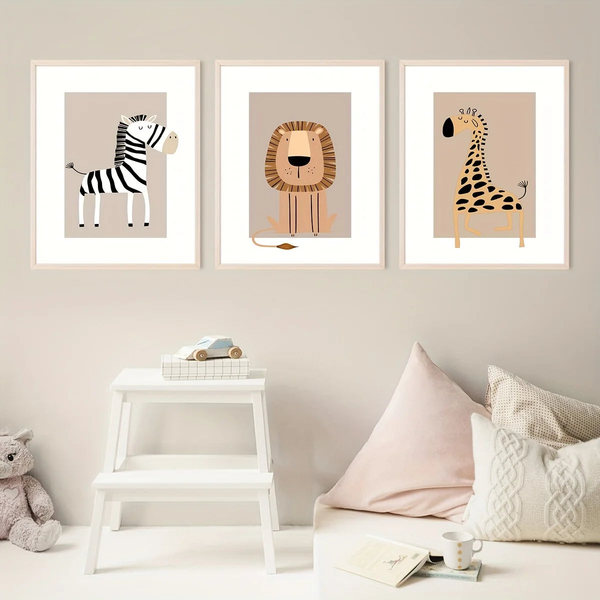 affiches animales zèbre lion girafe moderne dessin animé enfant decoration chambre blanc marron noir