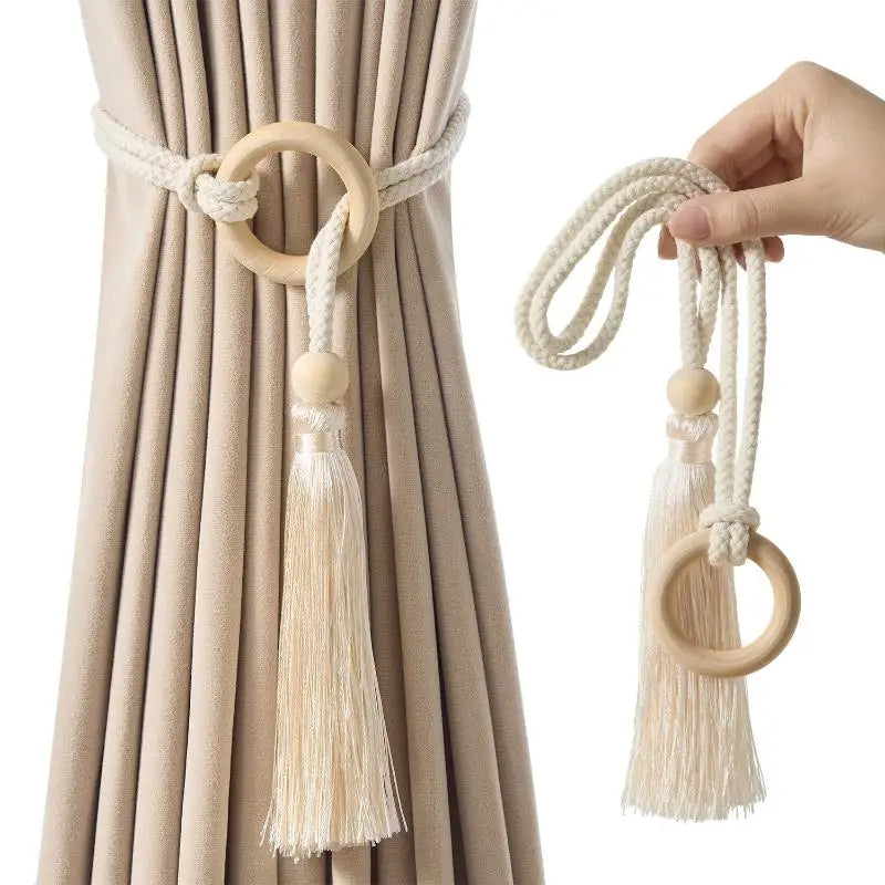 anneau bois cordelette pompon franges deco moderne rustique tissu coton beige clair