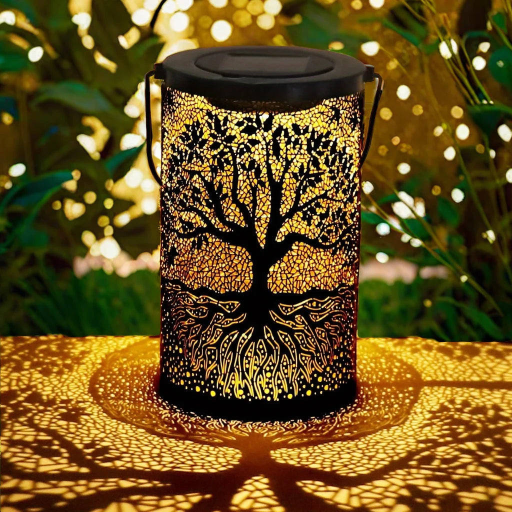 lampe solaire décorative moderne arbre feuilles noir doré motif rustique jardin extérieur contemporain
