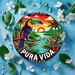 plaque métallique ronde illustration toucan paysage tropical coucher soleil fleurs exotiques multicolore rouge jaune