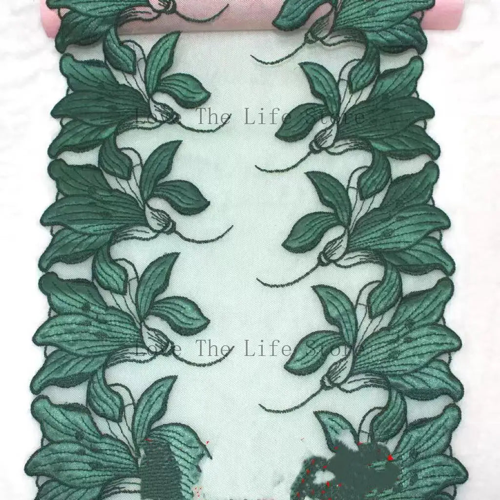 ruban décoratif brodé feuilles stylisées vert violet bleu rose noir 100 polyester 25cm 20yards