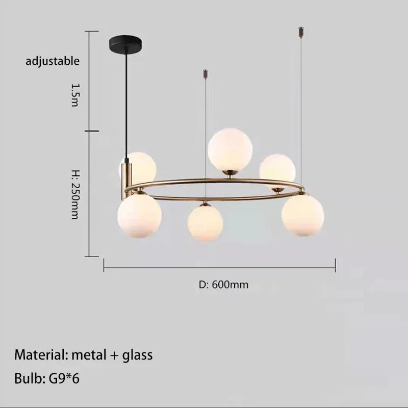 suspension luminaire moderne sphères verre translucides anneau métal doré salon chambre scandinave