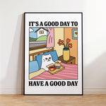 affiche murale chat illustration minimaliste cadre aluminium blanc bleu rose beige