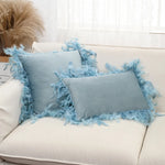 coussin décoratif carré velours pompon plumes patchwork moderne intérieur salon chambre taille 45x45cm