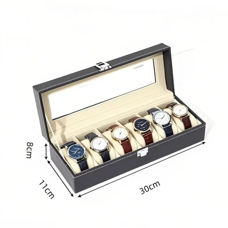 boîte montres cuir noir simili 12 emplacements tissu beige classique cordon serrage présentoir bijoux