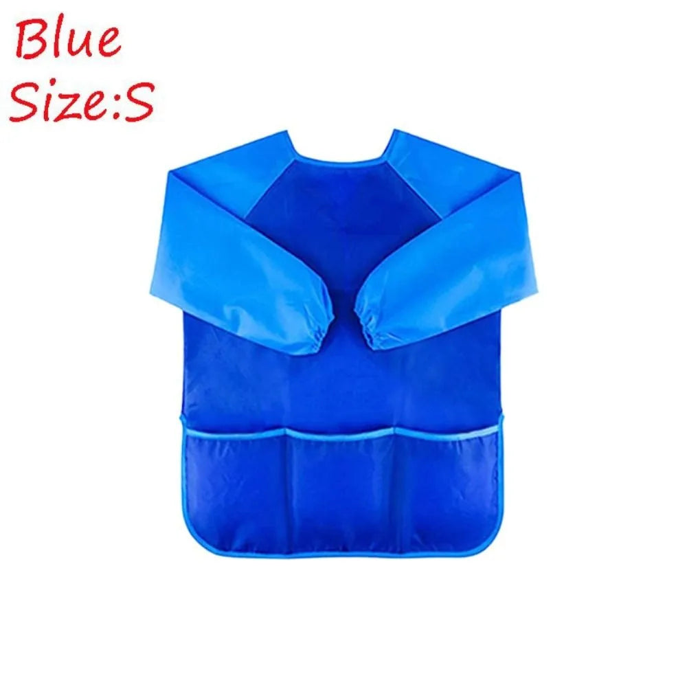 tablier peinture imperméable enfant pinceaux jaune bleu rose poche élastique pratique