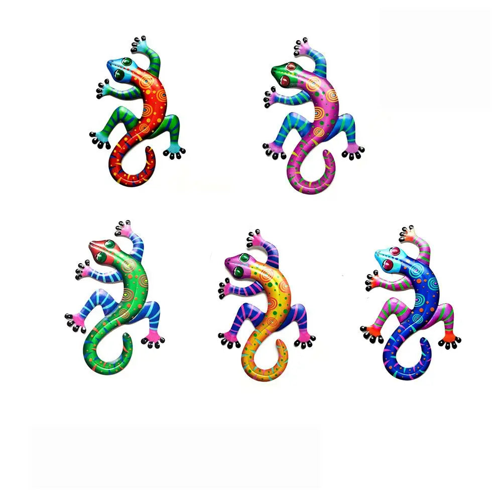 figurine lézard rouge rose vert jaune bleu artisanal métal décoration murale extérieure jardin