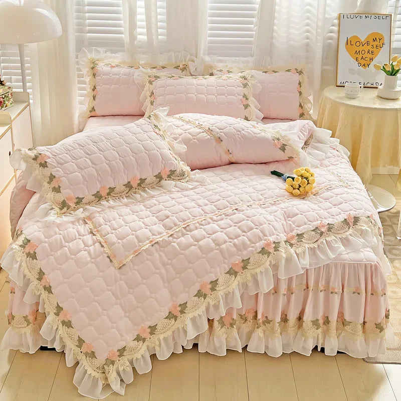 housse couette coton rose dentelle fleurs romantique blancs deux taies oreillers drap lit volants