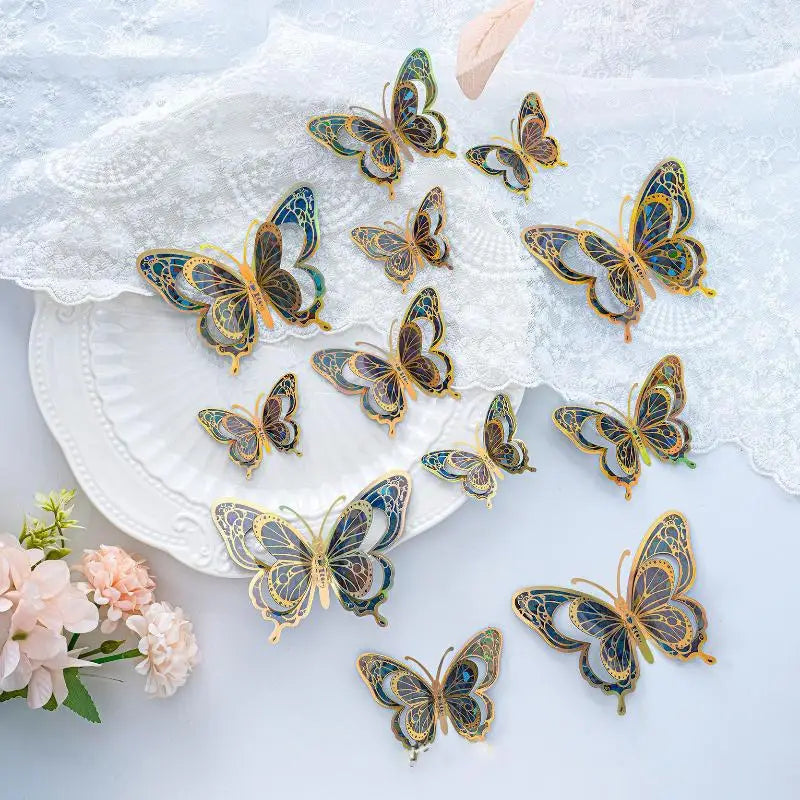 papillons décoratifs transparents effet holographique adhésifs 3d élégants rose vert bleu doré pack 12
