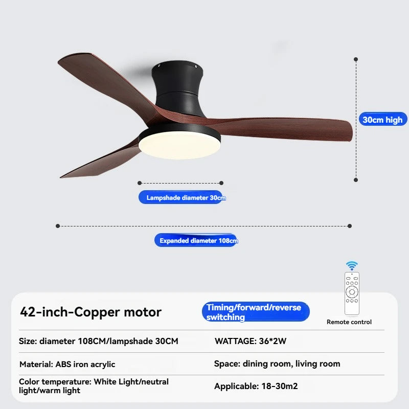 ventilateur moderne noir bois lampe led télécommande flux lumineux haute performance