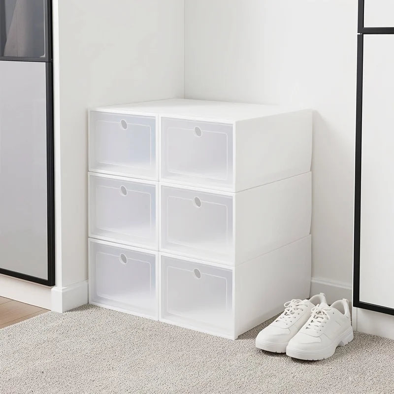 boîtes chaussures transparentes blanc modernes empilables rangement tiroirs anti poussière chambre dortoir
