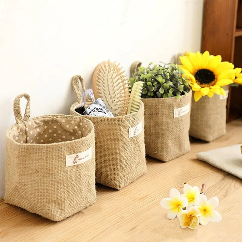 panier tissu pois blancs anse suspendu fleurs artificielles bohème rustique chambre enfants jouets rangement
