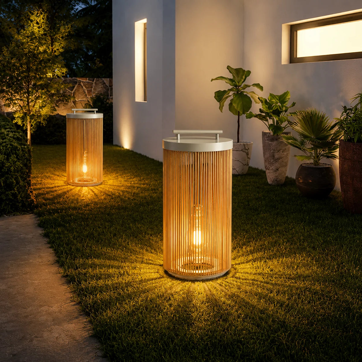 lampe solaire jardin moderne marron clair blanc rayures verticales étanche ip65 led allée patio