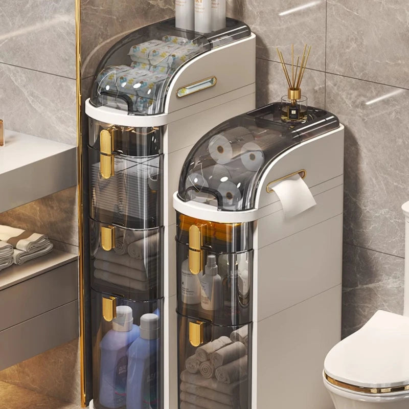 rangement salle bain moderne étages adhésif compartiments transparent beiges gris produits toilette papier serviettes