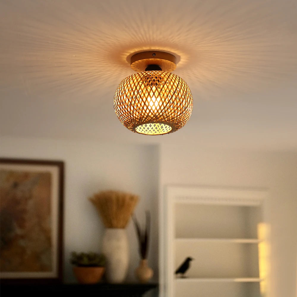 lampe tissage bambou moderne brun clair éclairage quotidien plafonnier led opacité vis facile