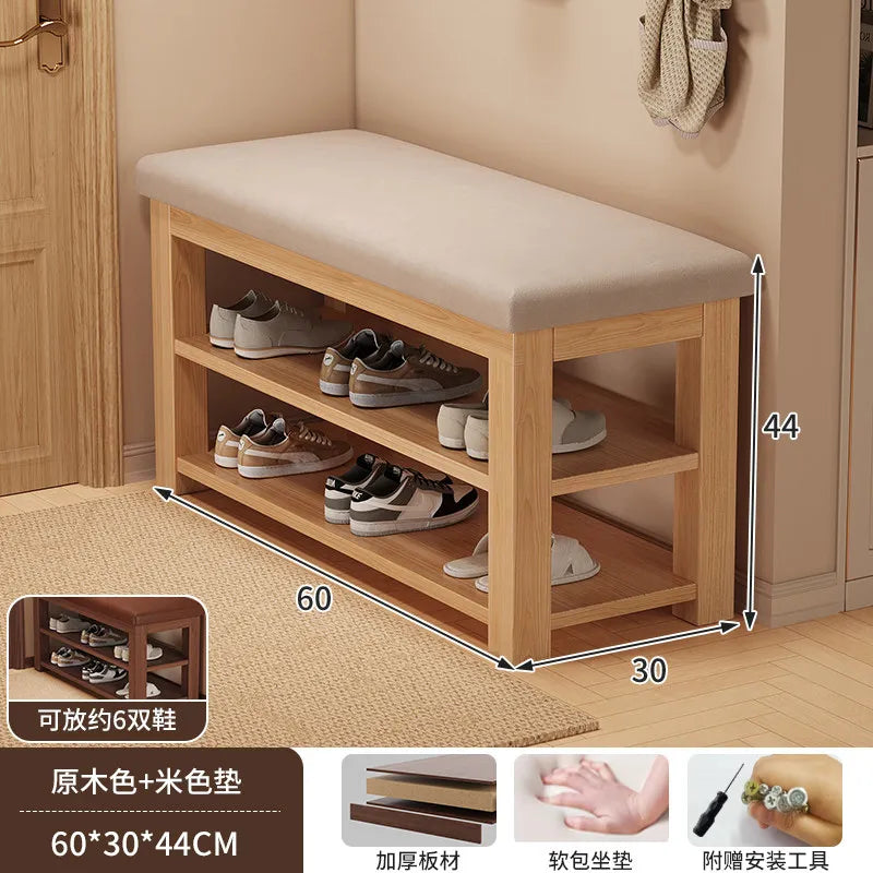 banc chaussures bois massif moderne tissu beige clair rangement minimaliste étagère salon environ 100cm