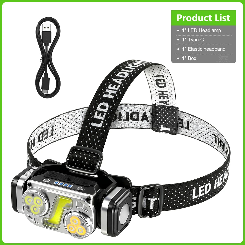 lampe frontale led rechargeable usb noir jaune 12 modes induction magnétique camping pêche chasse