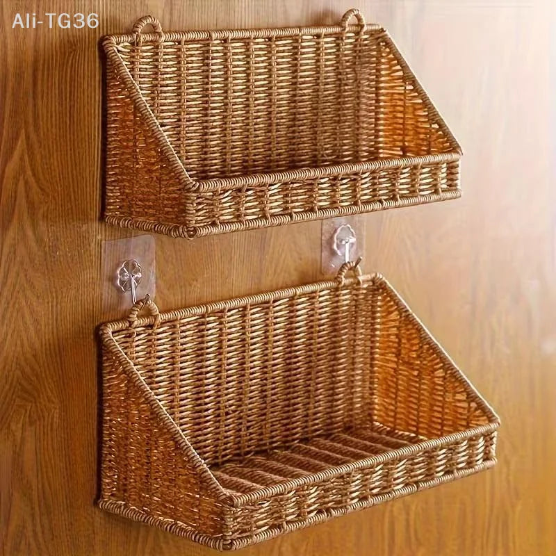 panier mural suspendu tressé rustique bohème marron clair rangement cuisine salle bain livres fleurs