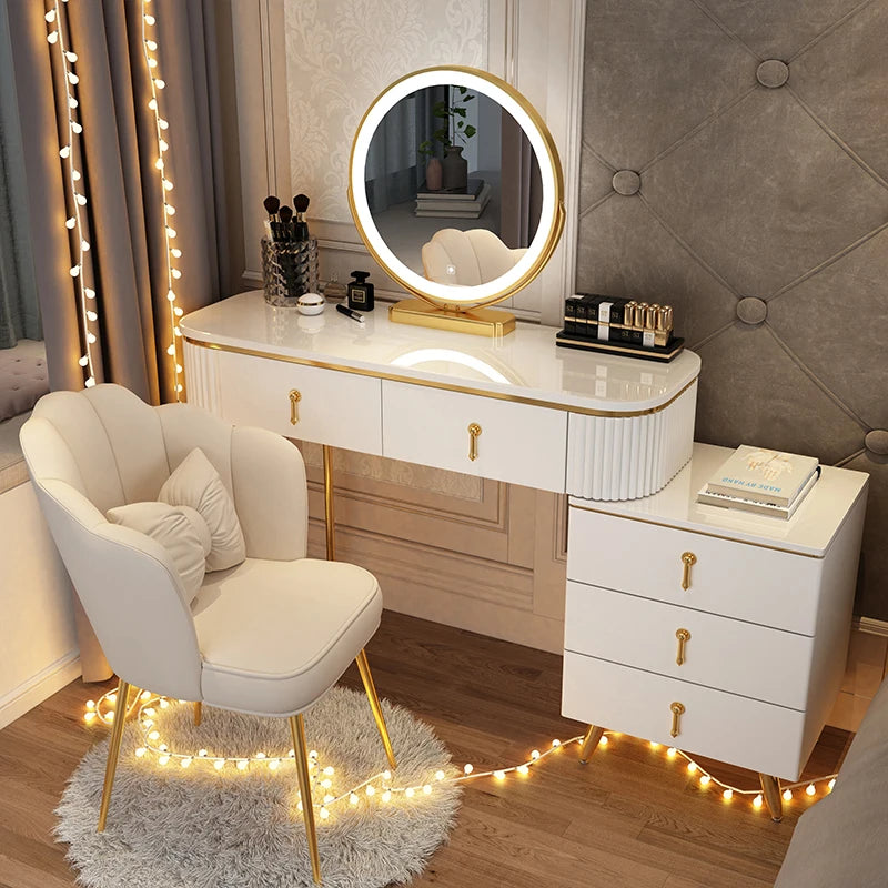 coiffeuse moderne miroir commode tiroirs tabouret miroir lumineux fauteuil blanc gris doré