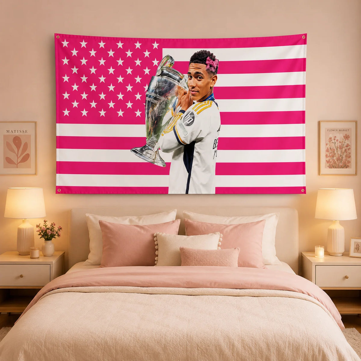 décoration murale drapeau rose étoiles blanches clips moderne chambre équipe sport accroché polyester super