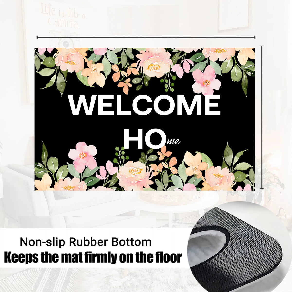 tapis d'entrée floral antidérapant résistant antibactéries moderne noir rose vert bienvenue