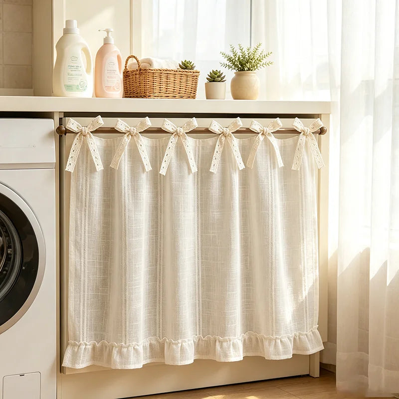 jupe meuble tissu texturé finies rayures beige clair bord frangé rustique vintage attaches nœuds