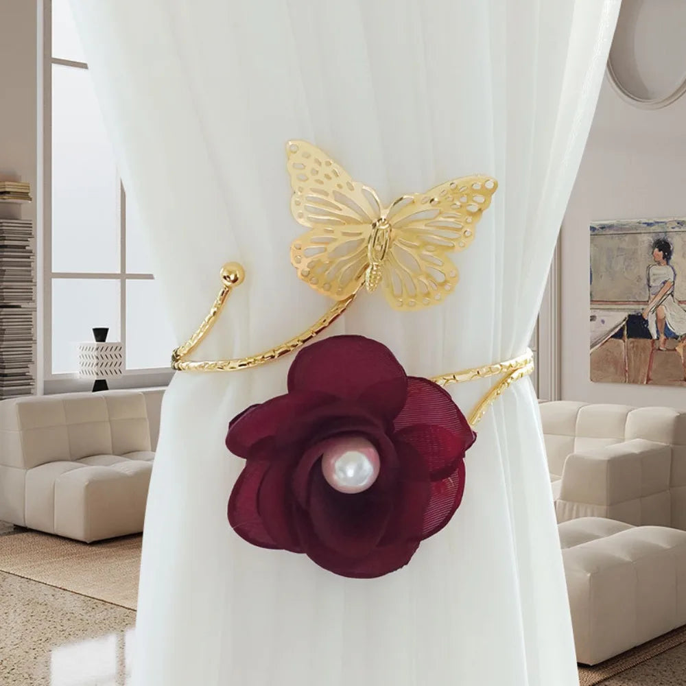 accessoires fenetre sangles rideau papillon fleur blanche dorée élégante transparente