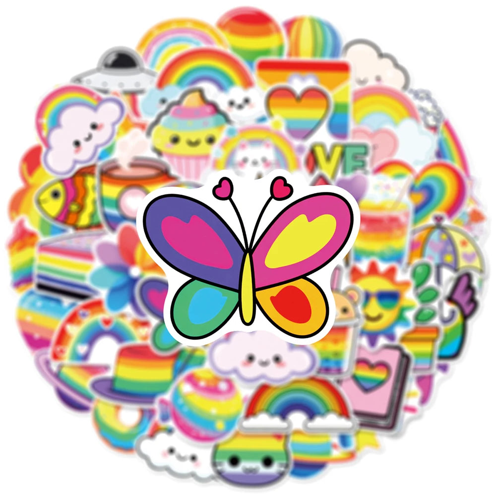 sticker mignon dessin animé arc ciel multicolore coeur nuage papillon 30pcs