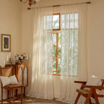 rideaux dentelle beige motifs géométriques bohèmes triangles fleurs vase vintage translucides franges chambre
