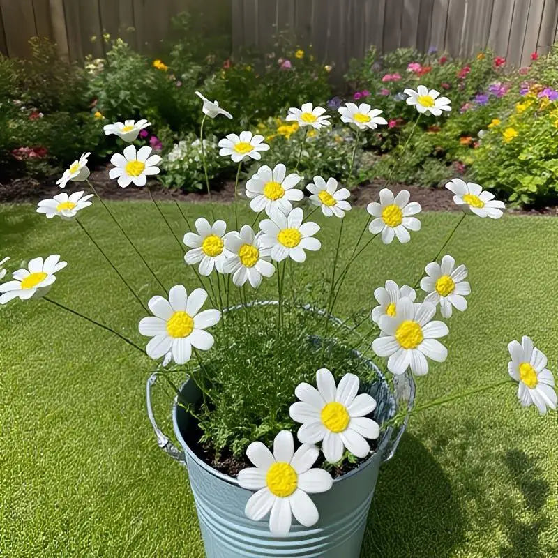 fleurs artificielles marguerites blanches jaunes céramique décoration intérieure naturelle beauté artisanale tiges vertes
