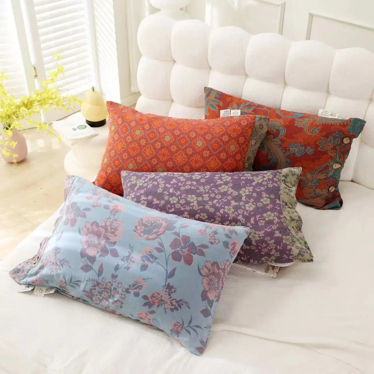 taies d'oreiller coton fleur vintage bleu orange gris décoration lit non toxique écologique