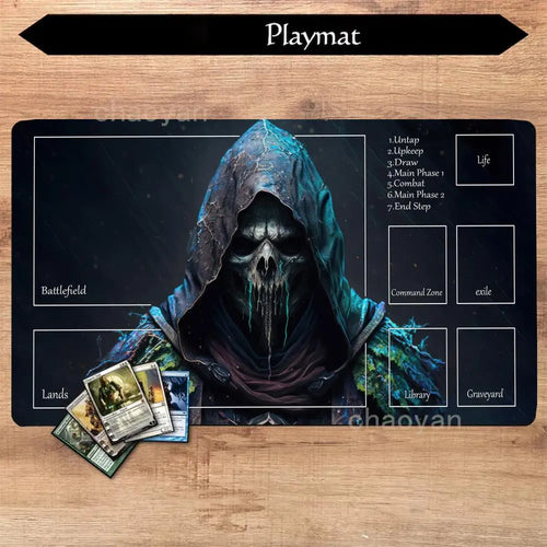 tapis jeu mtg playmat squelette gothique fantastique noir bleu gris orange jaune durable