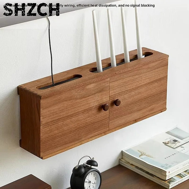 boîte rangement mural bois naturel moderne routeur décodeur wifi étagère meuble tv câbles multiprises