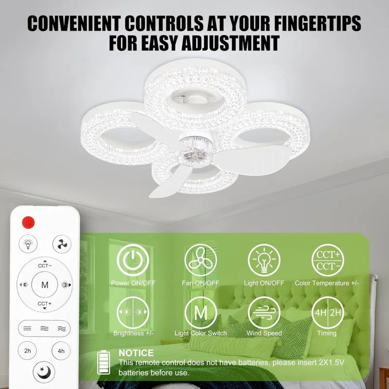 ventilateur led 48w vitesses minuterie 24h blanc texture diamants moderne télécommande