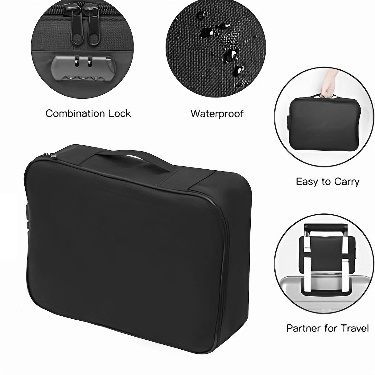 valise rangement noir tissu texturé moderne poignée amovible fermeture glissière serrure combinée portable officeécole